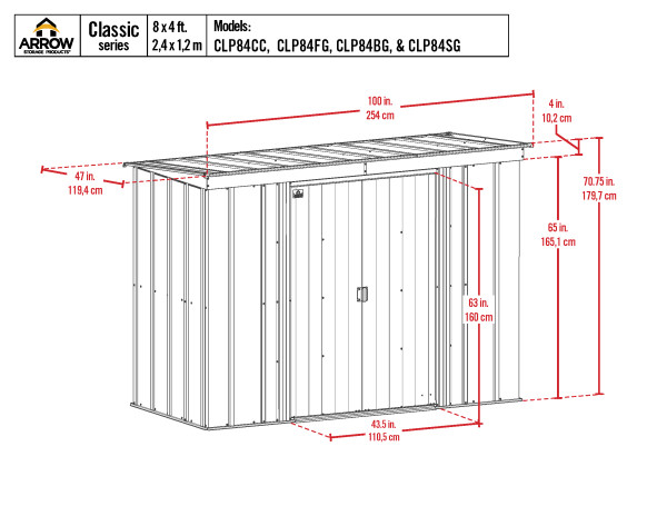 Arrow Classic 8x4 Steel Storage Shed Kit -Blue Grey (CLP84BG) Schematic Dimensions of the shed