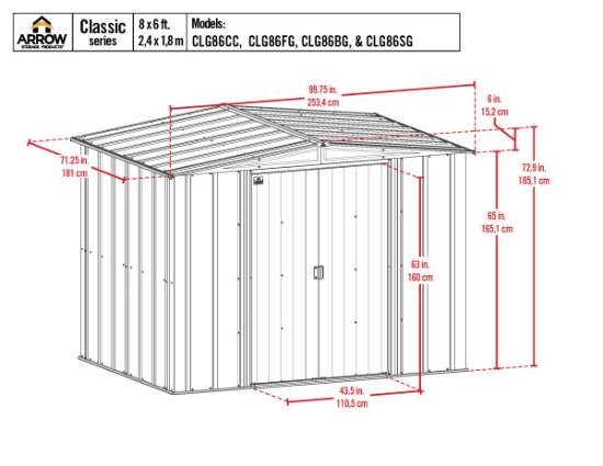 Arrow Classic 8x6 Steel Storage Shed Kit - Blue Grey (CLG86BG) Schematic Dimensions of the Shed 