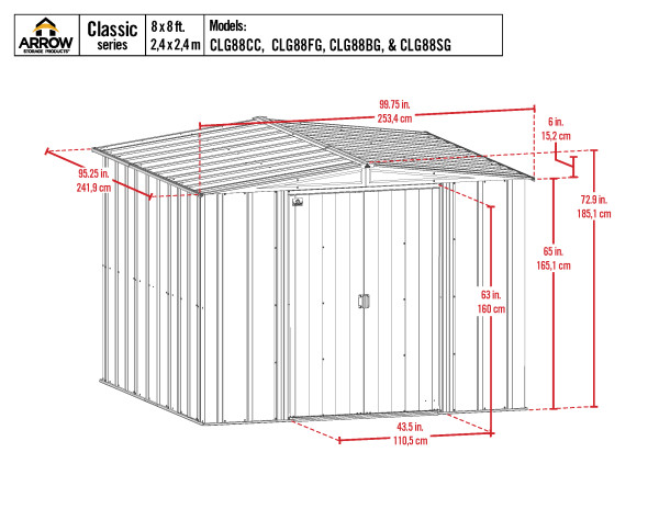 Arrow Classic 8x8 Steel Storage Shed Kit - Charcoal (CLG88CC) Schematic Dimensions of the Shed 