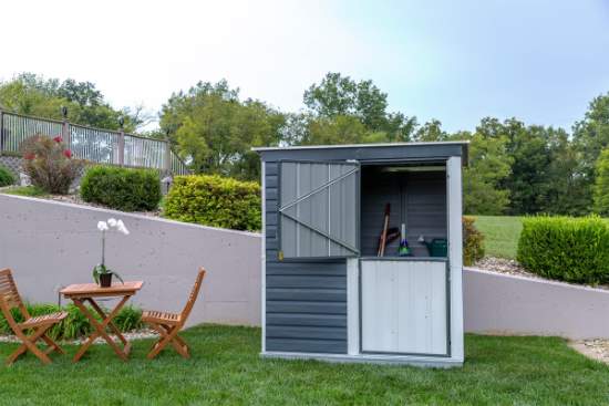 Arrow Shed-In-A-Box 6x4 Galvanized Steel Storage Shed - Charcoal/Cream (SBS64) Assembled with doors open