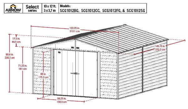 Arrow Select 10x12 Steel Storage Shed Kit - Sage Green (SCG1012SG)  Schematic Dimensions of the Shed 