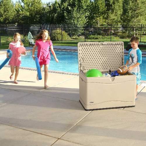 Lifetime Outdoor Storage 80-Gallon Deck Box (60059) This deck box will store your pool toys. 
