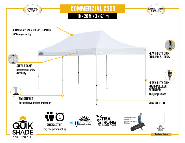 Quik Shade Commercial C200 10x20 Straight Leg Canopy Kit  - White (167566DS) Infographic of Commercial C200 10x20 size