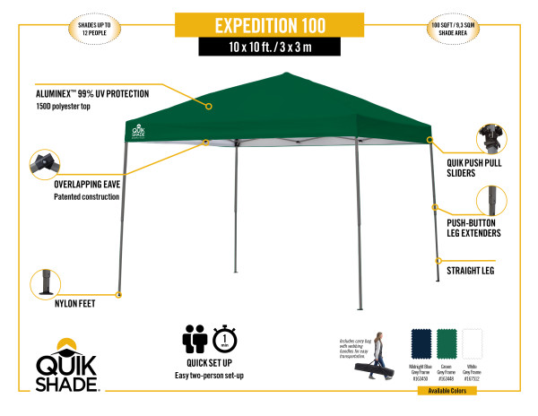 Quik Shade Expedition EX100 10x10 Straight Leg Canopy - Green (163448DS) Infographic for Expedition EX100 