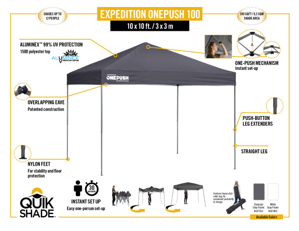 Quik Shade Expedition EX100 10x10 One-Push Straight Leg Canopy - White (167403DS) Infographic for Expedition E100 One Push Straight Leg Canopy