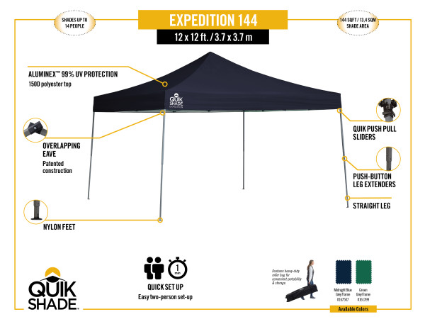 Quik Shade Expedition EX144 12x12 Straight Leg Canopy - Green (161399DS) Infographic of Expedition EX144