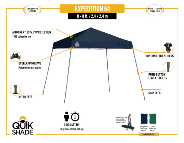 Quik Shade Expedition EX64 10x10 Slant Leg Canopy - Green (160717DS) Infographic of Expedition EX64