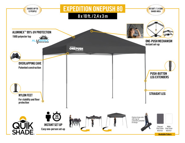 Quik Shade Expedition EX80 8x10 One-Push Straight Leg Canopy - White (167557DS) Inforgraphic for Expedition EX84 One Push Straight Leg Canopy 