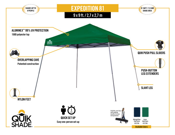Quik Shade Expedition EX81 12x12 Slant Leg Canopy - Midnight Blue (167506DS) Infographic of Expedition EX81 