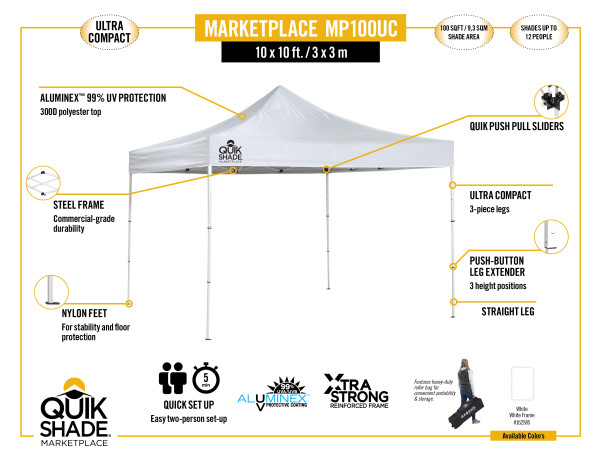 Quik Shade Marketplace Ultra-Compact 10x10 Straight Leg Canopy - White (162585DS) Infographic of Marketplace MP100UC