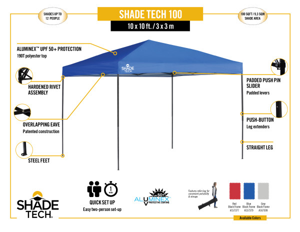 Quik Shade Shade Tech ST100 10x10 Straight Leg Canopy - Blue (157379DS) Infographic of Shade Tech 10x10 