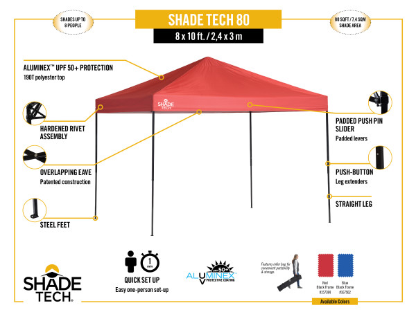 Quik Shade Shade Tech 8x10 Straight Leg Canopy - Red (157384DS) Infographic of Shade Tech 8x10 