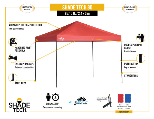 Quik Shade Shade Tech 8x10 Straight Leg Canopy - Blue (167502DS) Infographic of Shade Tech 8x10 