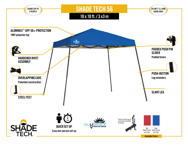Quik Shade Shade Tech ST56 10x10 Slant Leg Canopy  - Red (157393DS) Infographic of Shade Tech 10x10 ST56