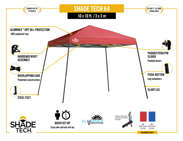 Quik Shade Shade Tech ST64 10x10 Slant Leg Canopy  - Blue (167501DS) Infographic of Shade Tech 10x10 ST64