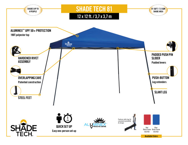 Quik Shade Shade Tech ST81 12x12 Slant Leg Canopy  - Blue (167503DS) Infographic of Shade Tech 10x10 ST81