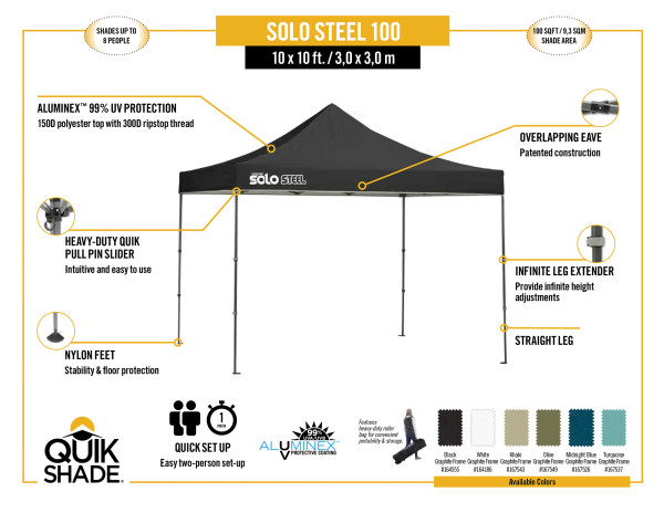 Quik Shade Solo Steel 100 10x10 Straight Leg Canopy - Black (167555DS) Inforgraphic of Solo Steel 100 10x10 size