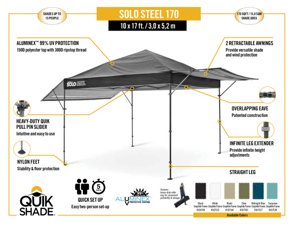 Quik Shade Solo Steel 170 10x17 Straight Leg Canopy - Black (164748DS) Infographic of Solo Steel 170 10x17 size