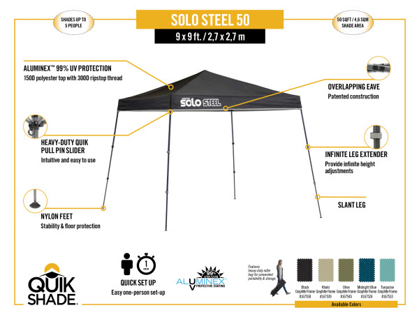 Quik Shade Solo Steel 9x9 Slant Leg Canopy - Turquoise (167533DS) Infographic of Solo Steel 50 9x9 size 