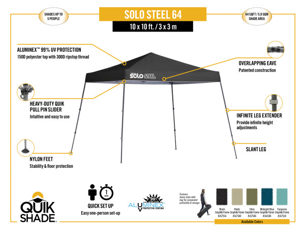 Quik Shade Solo Steel 10x10 Slant Leg Canopy - Black (167554DS) Infographic of Solo Steel 64 10x10 size 