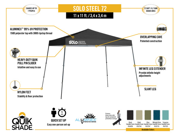 Quik Shade Solo Steel 72 11x11 Slant Leg Canopy - Turquoise (165710DS) Infographic of Solo Steel 72 11x11 size 