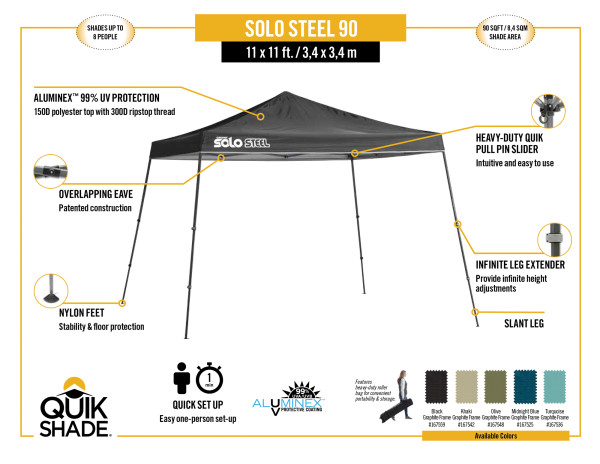 Quik Shade Solo Steel 90 11x11 Slant Leg Canopy - Midnight Blue (167525DS) Infographic of Solo Steel 90 11x11 size 