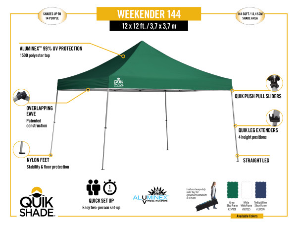 Quik Shade Weekender Elite 12x12 Straight Leg Canopy - Green (157369DS) Infographic for Weekender Elite 12x12