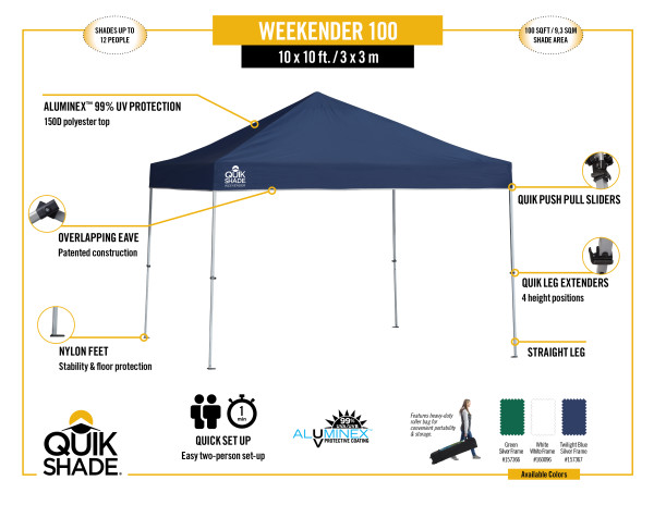 Quik Shade Weekender Elite 10x10 Straight Leg Canopy - Twilight Blue (157367DS) Infographic for Weekender Elite 10x10