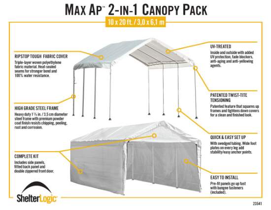 ShelterLogic 10x20 MaxAP 2-in-1 Canopy Kit with Enclosure (23541) Infographic data of the canopy 