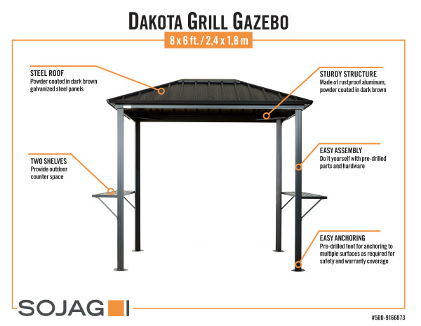 Sojag 6x8 Dakota Grill Gazebo - Dark Brown (500-9166873) Infographic of Dakota Grill Gazebo  