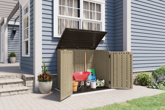 Suncast Horizontal 34 cu. ft. Shed - Sand/Slate (BMS3400) This horizontal shed is perfect to be placed on your outdoor space and store your lawn and garden tools. 