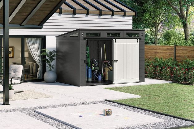 Suncast Modernist 10x7 Storage Shed with Floor - Peppercorn/Black (BMS9000) This modernist shed is perfect to your outdoor space thus keeps your lawn and garden tools safe and secure. 