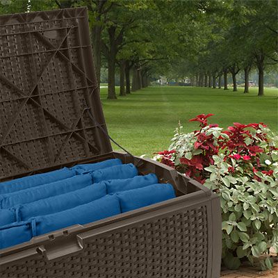 Suncast 73 Gallon Outdoor Storage Box with Storage Seat - Java (DBW7300) This storage box is a perfect storage solution for your pillows and other patio stuff.