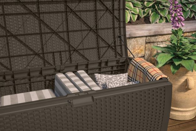 Suncast 99 Gallon Storage Box with Storage Seat - Java (DBW9200) This storage box is a perfect storage for your patio pillows. 