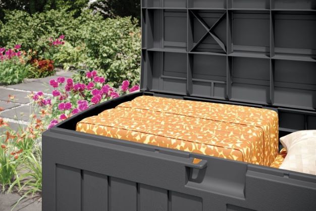 Suncast 50 Gallon Outdoor Storage Box - Peppercorn (DB5025P) This storage box is a perfect storage solution for your pillows and other patio stuff.