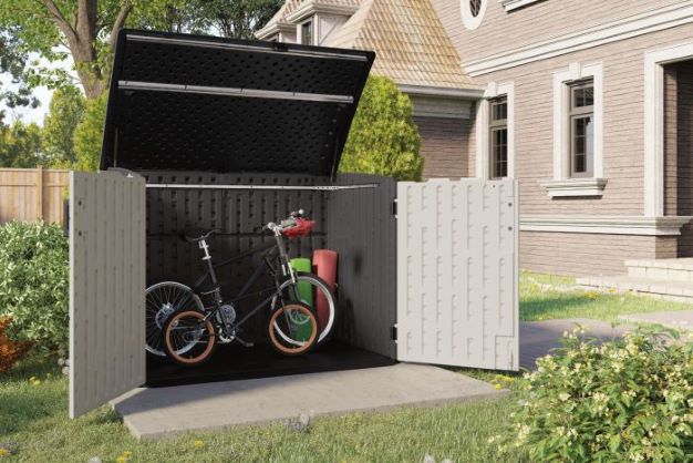 Suncast Stow-Away 70 cu. ft. Horizontal Shed - Peppercorn (BMS4780) This shed is a perfect storage solution for your bikes. 