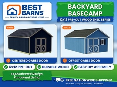 Best Barns Backyard Basecamp 12x12 Wood Shed Kit: Centered or Offset Gable Doors